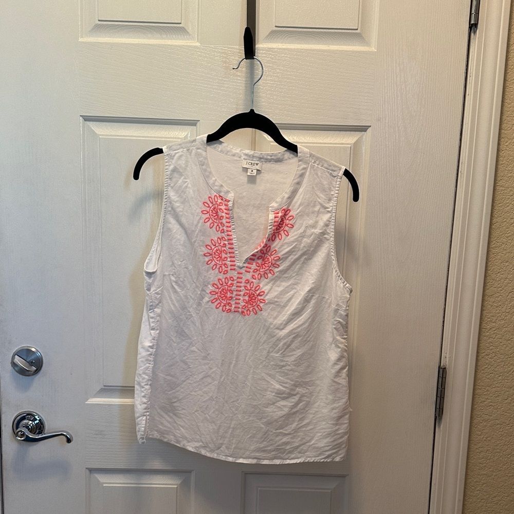 J. Crew White Tank Top with Pink Floral Embroidery